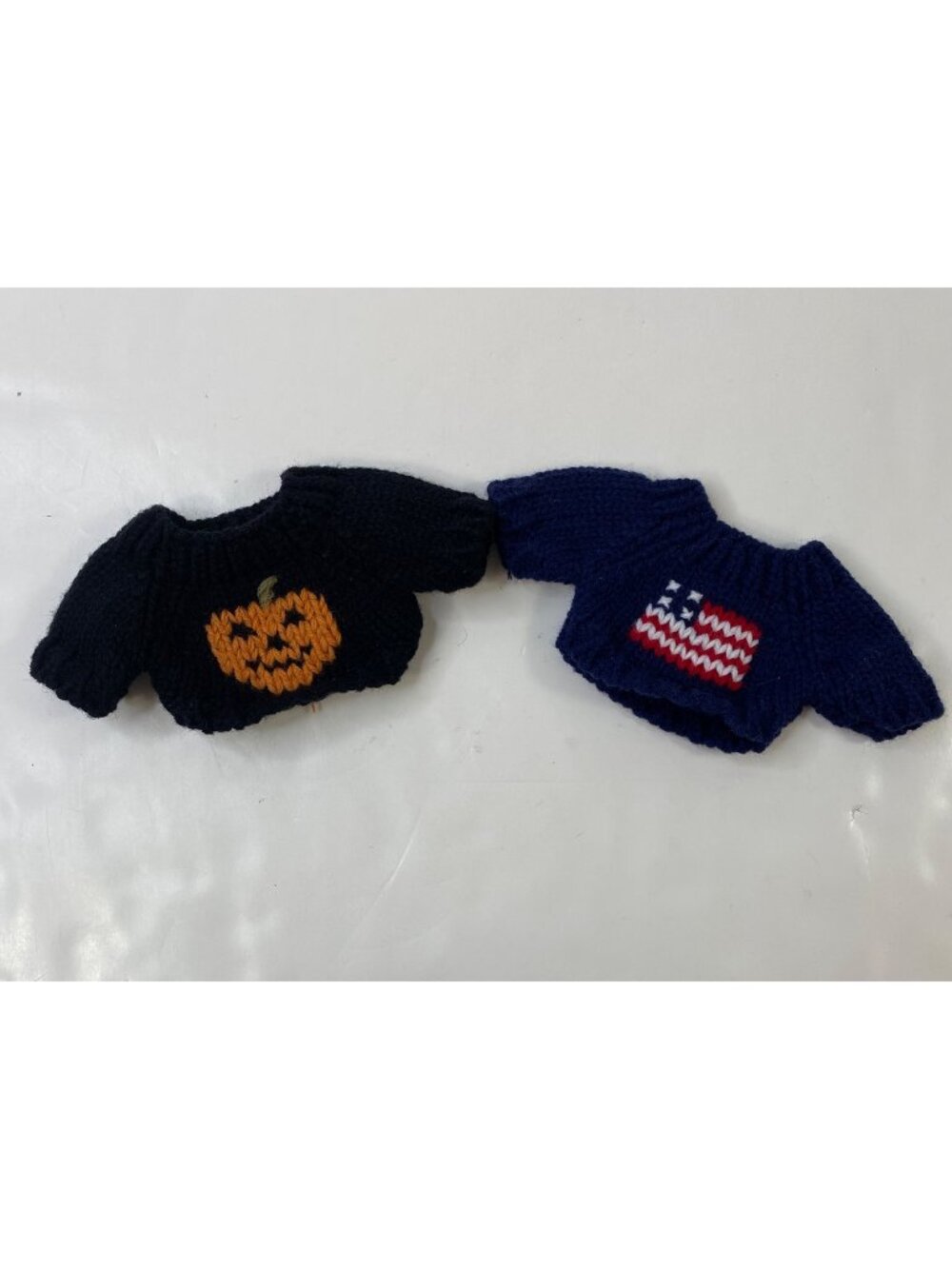 Handmade Knitted Halloween & Usa Flag Teddy Bear Sweaters Set Of 2 Miniature Clo